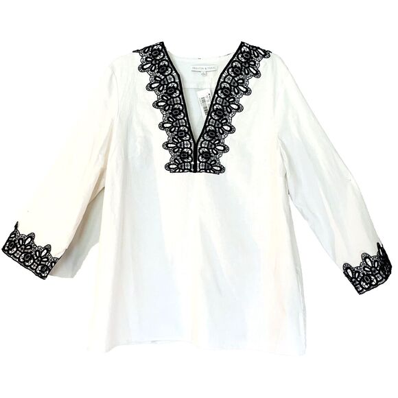 Preston & York Tunic Women 10 White Navy  Linen Embroidery Beach Vacation NWT - Picture 1 of 8